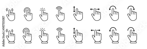 Cursor icon set with arrow, hand pointer, click effects, hourglass, magnifier, and touch screen symbols. Classic UI cursor pack for apps, web, and digital interface. Vector illustration.