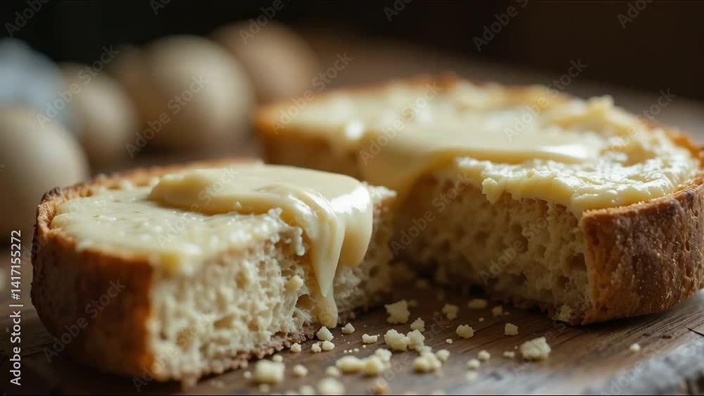 Soft cheese being spread on rustic bread, shallow depth of field Soft cheese being spread on rustic bread, shallow depth of field