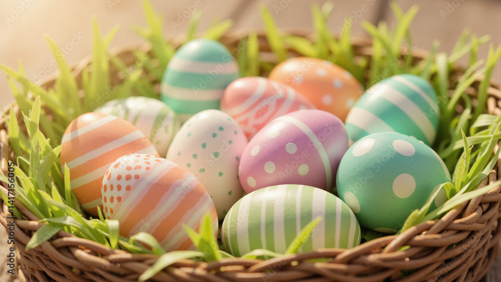 Colorful Easter eggs in a basket with grass Colorful Easter eggs in a basket with grass