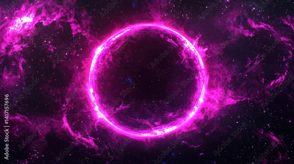 Obraz premium Pink glowing ring, surrounded by nebulae, against a star-filled cosmic backdrop