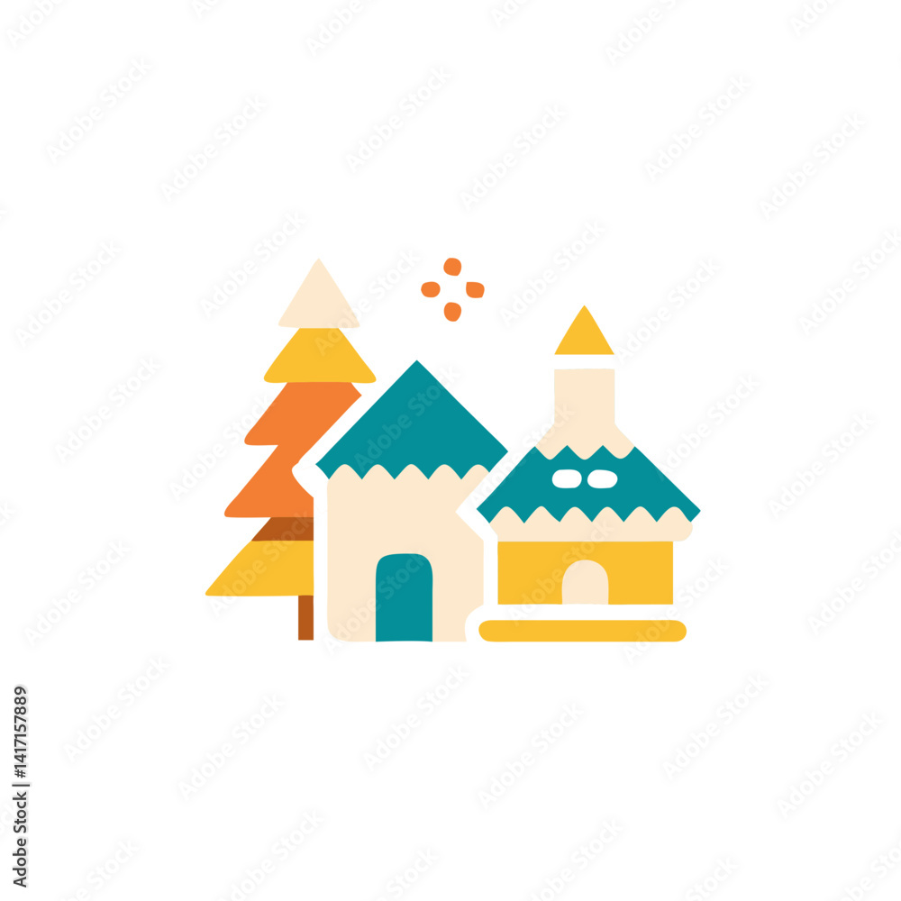 Fototapeta premium Winter Village Illustration with Colorful Houses and Trees 