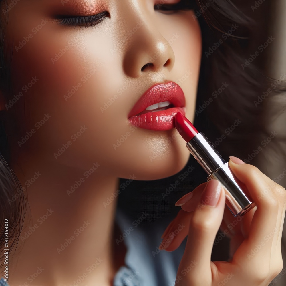 Asian Female Model putting on Lipstick - Cosmetic Advertisement of Lip Gloss, Liner, Lipstick, Lip Balm, - Woman Posing with and Applying Lipstick - Gloseup of Beauty Product Asian Female Model putting on Lipstick - Cosmetic Advertisement of Lip Gloss, Liner, Lipstick, Lip Balm, - Woman Posing with and Applying Lipstick - Gloseup of Beauty Product