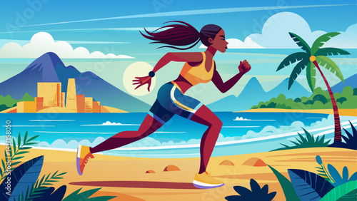 Fitness, active and black woman with running at beach for endurance challenge, cardio workout or marathon. Outdoor, speed and female athlete for physical 