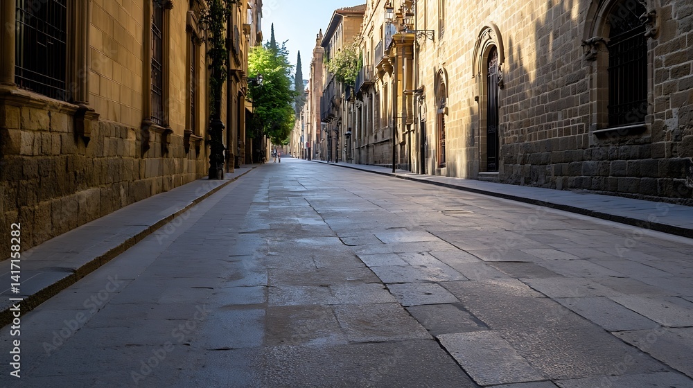 Obraz premium Quiet cobblestone street with historical architecture and bright greenery in a charming town : Generative AI