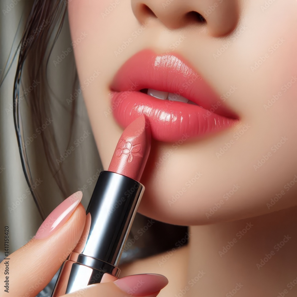 Obraz premium Asian Female Model putting on Lipstick - Cosmetic Advertisement of Lip Gloss, Liner, Lipstick, Lip Balm, - Woman Posing with and Applying Lipstick - Gloseup of Beauty Product