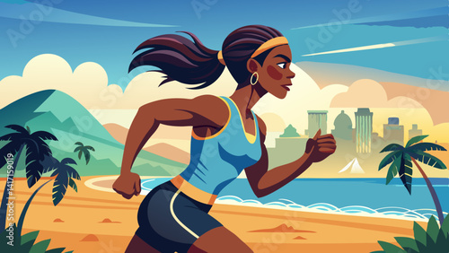 Fitness, active and black woman with running at beach for endurance challenge, cardio workout or marathon. Outdoor, speed and female athlete for physical 