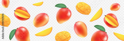 Falling fresh mango fruits 3D realistic, whole and pieces on transparent background with green leaves. Banner mockup