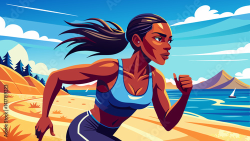 Fitness, active and black woman with running at beach for endurance challenge, cardio workout or marathon. Outdoor, speed and female athlete for physical 