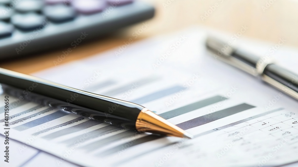 Professional Office Workspace with Calculator and Financial Reports on a Desk : Generative AI Professional Office Workspace with Calculator and Financial Reports on a Desk : Generative AI