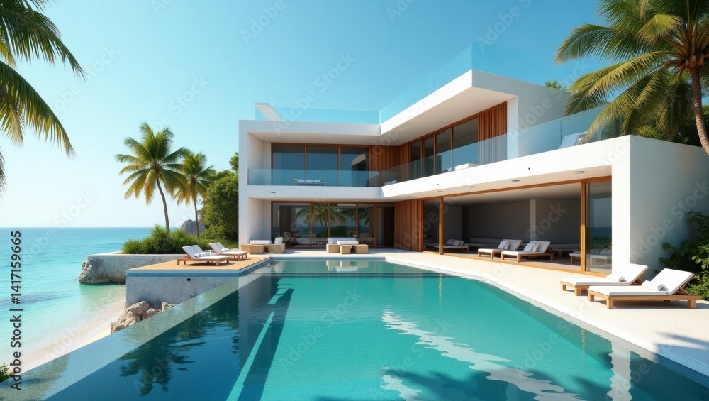 Fototapeta premium Simple yet elegant house set against a bright blue sky surrounded by lush greenery in a peaceful and inviting environment