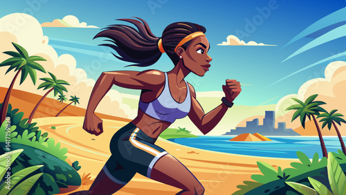 Fitness, active and black woman with running at beach for endurance challenge, cardio workout or marathon. Outdoor, speed and female athlete for physical 