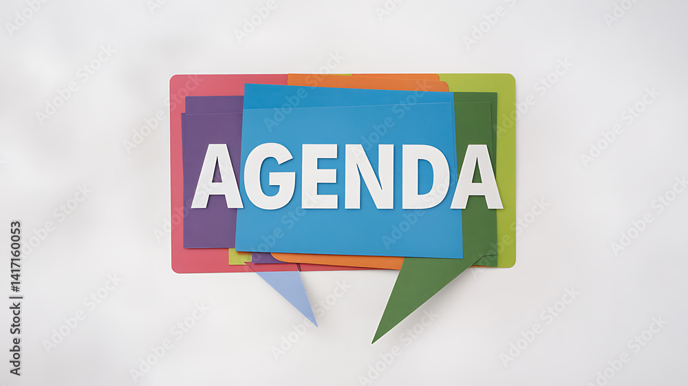 Fototapeta premium The word AGENDA in white letters on layered colorful paper cutouts arranged in a speech bubble shape.
