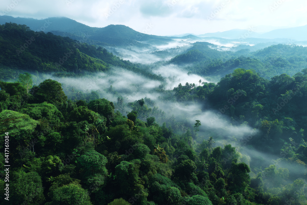 Obraz premium Lush green rainforest covered in mist, aerial view of tropical mountains with dense trees, serene and tranquil atmosphere