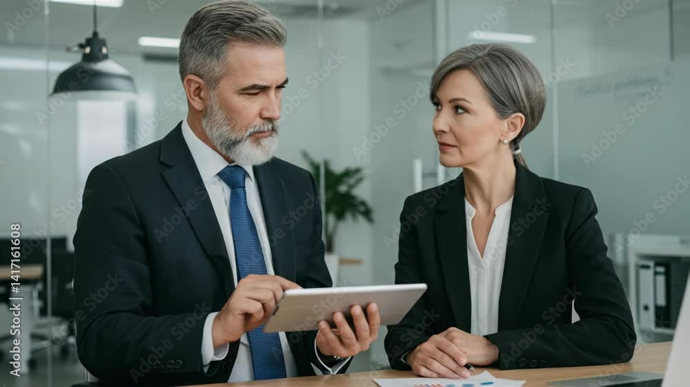 Professional business meeting: executives analyzing data on tablet in modern office setting Professional business meeting: executives analyzing data on tablet in modern office setting