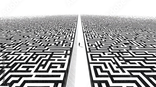 planning mindset illustration A person navigating an intricate maze, symbolizing the complexities of decision-making and the journey of self-discovery.