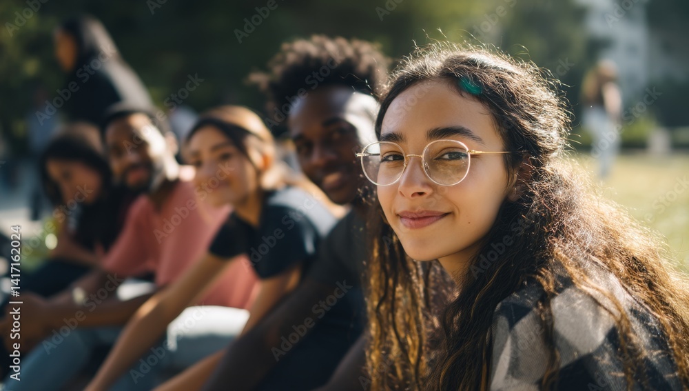 Diverse Group of Young Adults Smiles Outdoors, Enjoying Friendship and Camaraderie in a Sunny Park Setting. Diverse Group of Young Adults Smiles Outdoors, Enjoying Friendship and Camaraderie in a Sunny Park Setting.