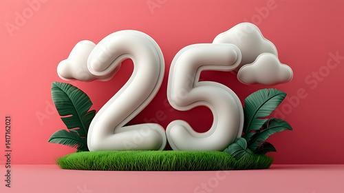 White 25 Number Balloons on Grass with Pink Background