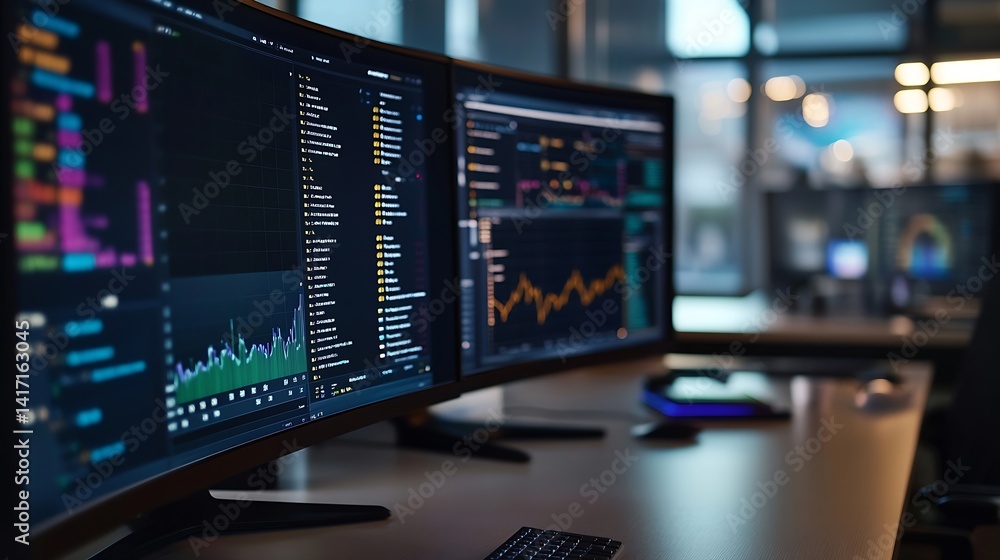 High Tech Data Analyzing Screens in Modern Office with Charts Graphs and Statistics Displayed : Generative AI