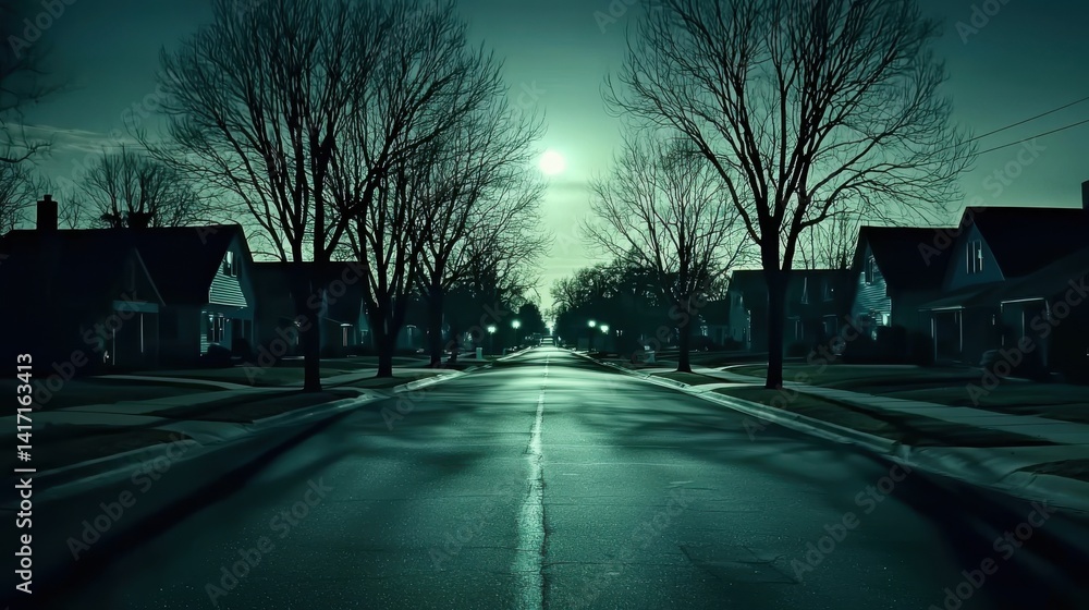 Fototapeta premium Gloomy street view. Trees and houses silhouetted under a bright, full moon at night