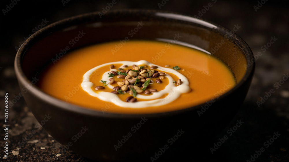 Bowl of creamy pumpkin soup with swirl of cream and seeds Bowl of creamy pumpkin soup with swirl of cream and seeds