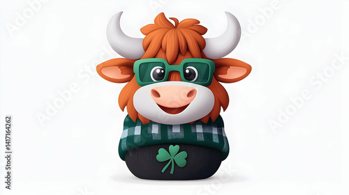 Adorable Cartoon Highland Cow in Green Sweater and Glasses