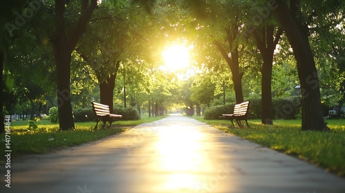 Sunlight Filtering Through Trees in a Peaceful Park Pathway : Generative AI