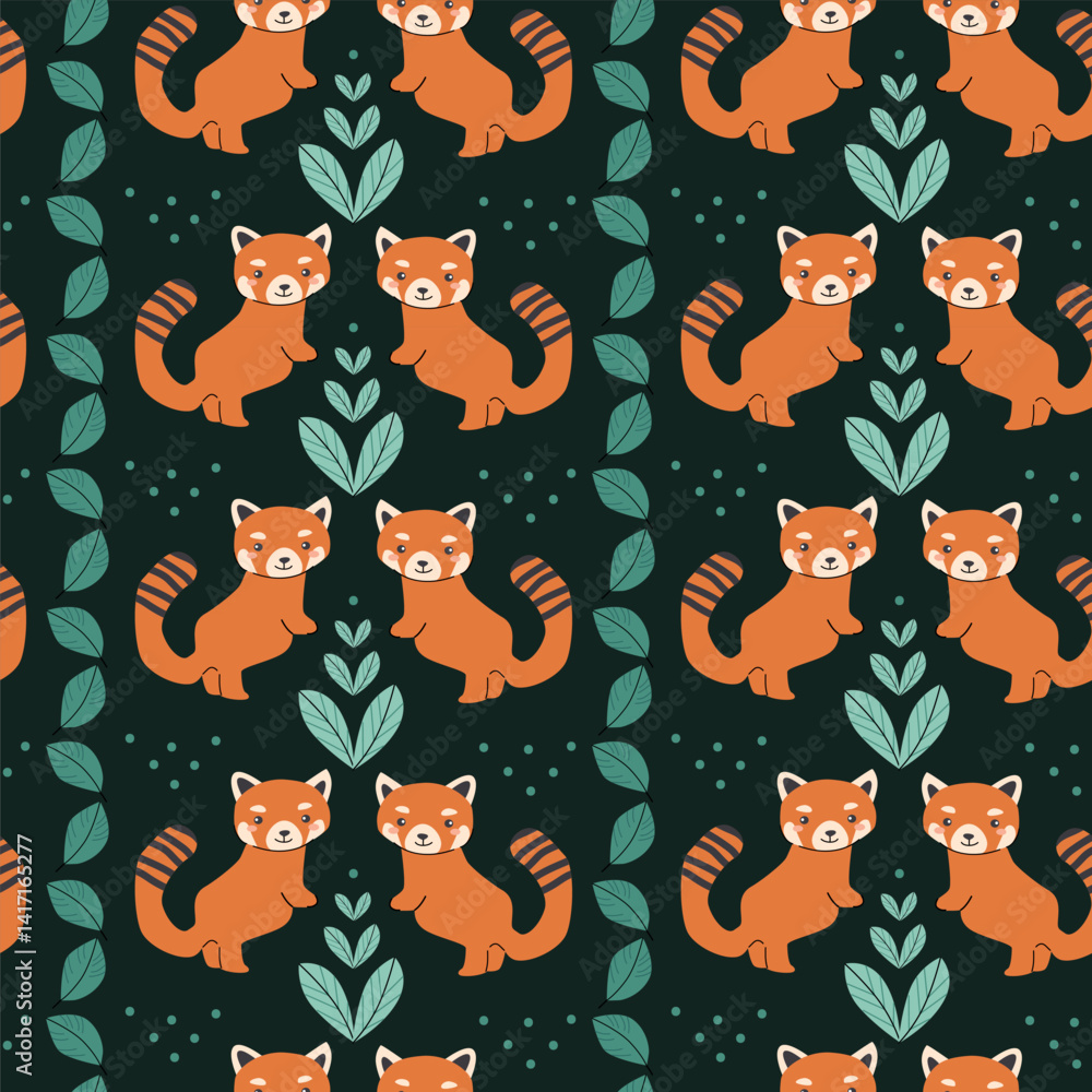 Cute red panda and leaf pattern background for textile and wallpaper design. Cute red panda and leaf pattern background for textile and wallpaper design.