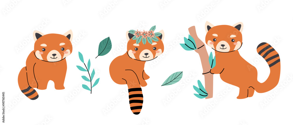 Obraz premium Cute red panda illustrations with leaves and floral elements for nature-themed designs.