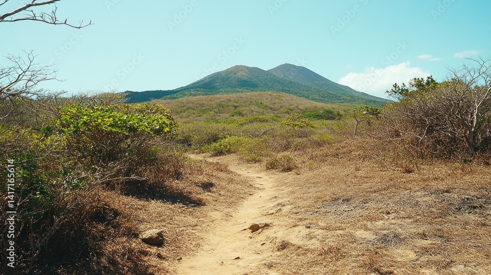 Naklejka premium Serene Island Trail Leading to Majestic Mountains