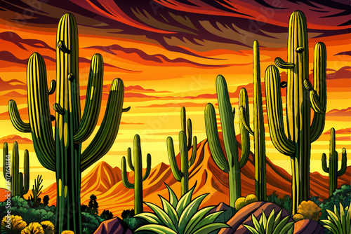 Saguaro National Park East at sunset time, Tucson, Arizona amazing sky and Group of Tall Saguaro Cactus Plants