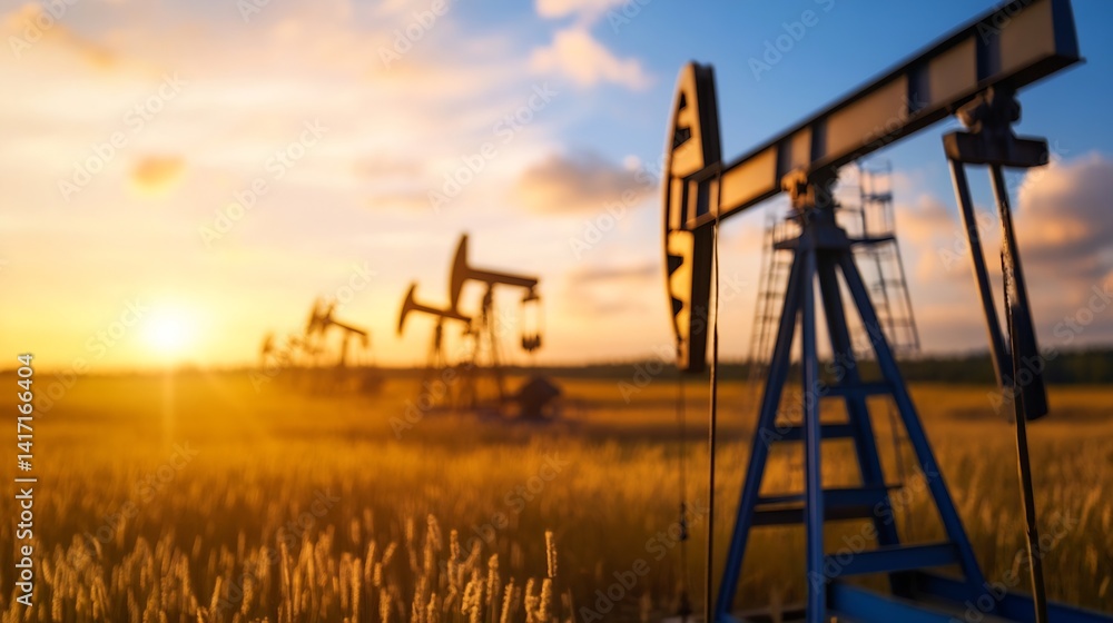 Sunset Over Oil Pumps in a Field with Warm Light and Beautiful Horizon : Generative AI Sunset Over Oil Pumps in a Field with Warm Light and Beautiful Horizon : Generative AI