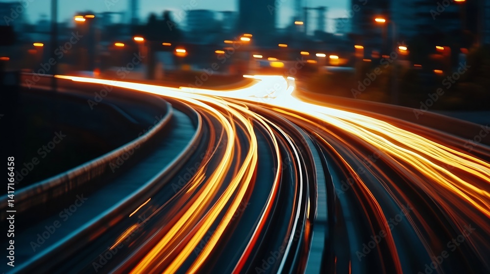 Obraz premium Dynamic Light Trails at Twilight Showcasing Urban Transportation and City Life : Generative AI