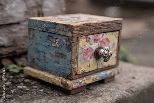 Rustic floral jewelry box with distressed wood texture and vintage charm. Ideal for antique decor, cottagecore inspiration, and nostalgic home styling scenes.
