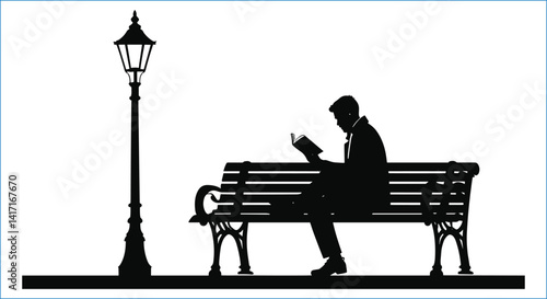 Man Reading On Bench Silhouette Under Streetlight Serene Urban Scene