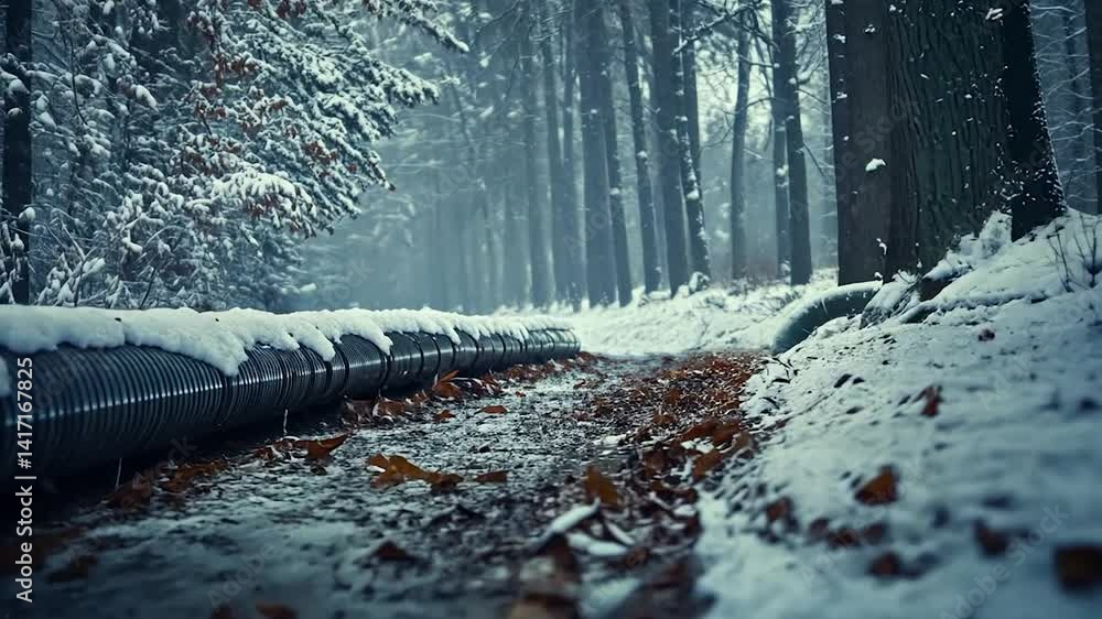 Snowy Forest Path with Pipes Snowy Forest Path with Pipes