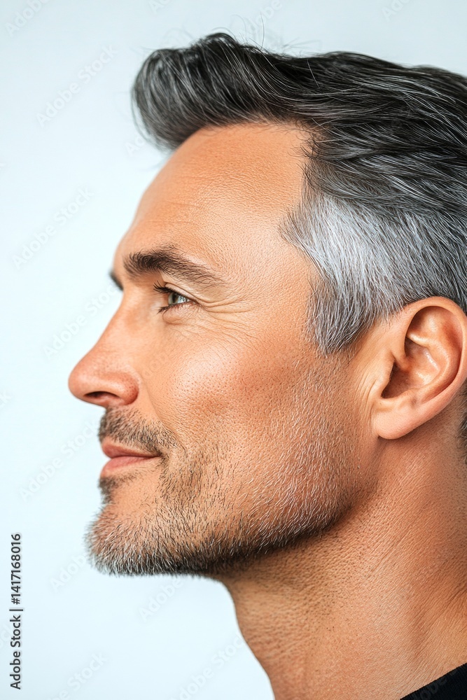 Obraz premium Concept art of style for aging men. A charismatic and fashionable male with a trendy look. Pure white solid background. Classy men's side part haircut - midlife white man with grey hair.