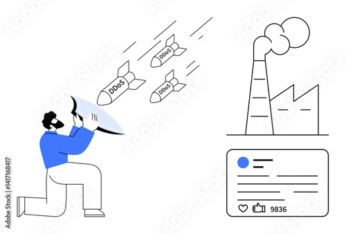Man kneeling with shield deflecting incoming DDoS threats toward a factory, with a social media element highlighting cybersecurity. Ideal for defense, strategy, technology, cybersecurity, protection