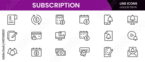 Subscription business icons such as service level agreement, churn, activation, billing, usage-based price, best customer experience, perks, and account vector thin line icons.