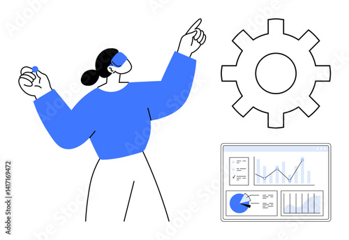 Woman gesturing towards gear icon and dashboard with graphs and analytics. Ideal for business, analytics, teamwork, productivity, process, strategy, management, simple landing page