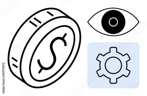 Coin with dollar sign, an eye icon, and a gear symbol in a minimal design. Ideal for finance, process management, vision, decision-making, economics, strategy and simple landing page