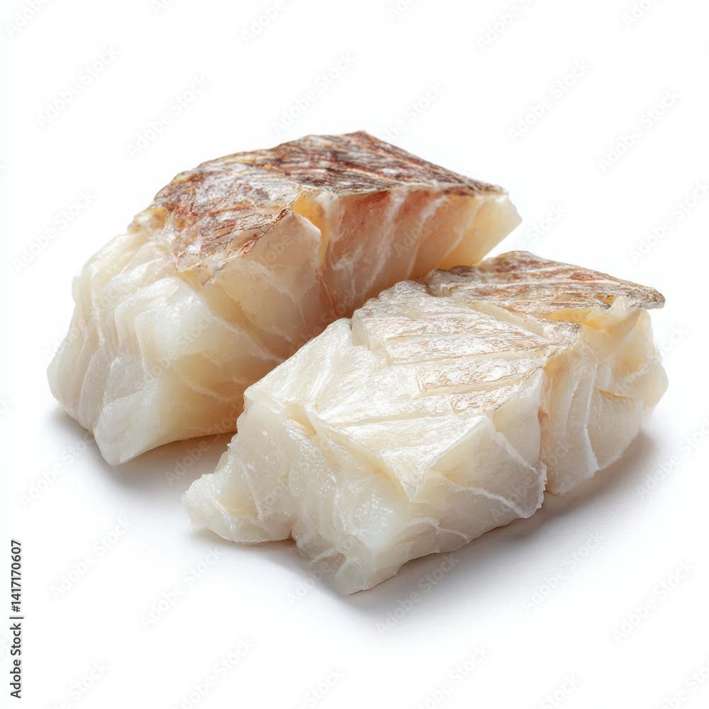 Close up of raw codfish fillet pieces ready for cooking isolated on white background Close up of raw codfish fillet pieces ready for cooking isolated on white background