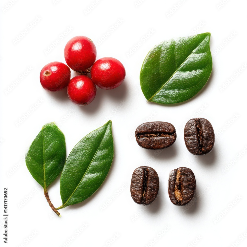 Coffee beans with leaves and berries arrangement studio shot isolated on white background Coffee beans with leaves and berries arrangement studio shot isolated on white background