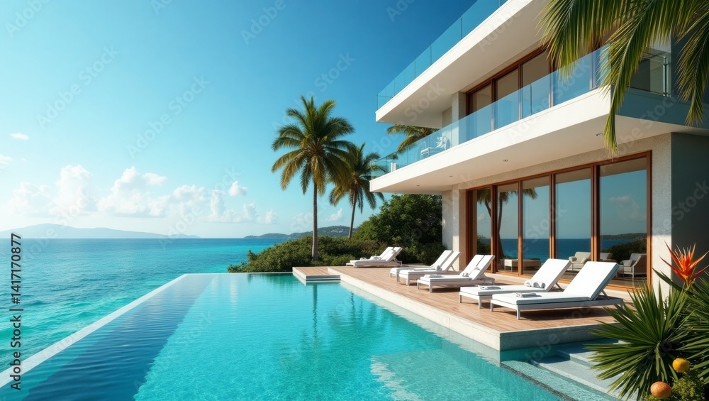 Beautiful pool with an unobstructed view of the ocean under a bright blue sky creating a perfect summer oasis experience Beautiful pool with an unobstructed view of the ocean under a bright blue sky creating a perfect summer oasis experience
