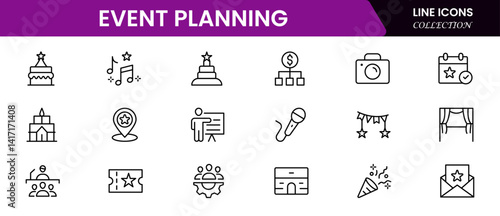 Event planning line icon set. Planning, decoration, venue, catering, timeline, music, guests, etc. Vector illustration web line icon collection.