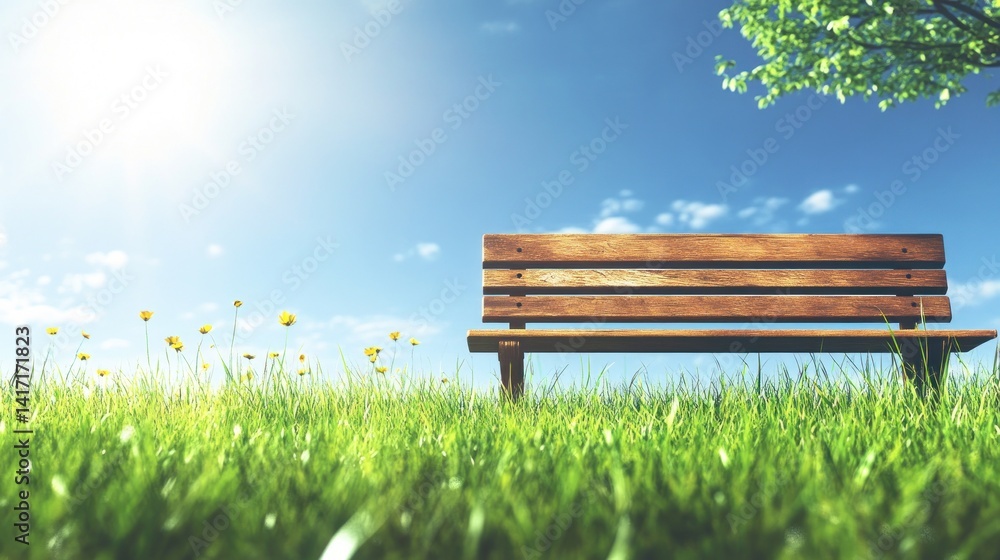 Wooden bench in sunny meadow with wildflowers and tree. Wooden bench in sunny meadow with wildflowers and tree.
