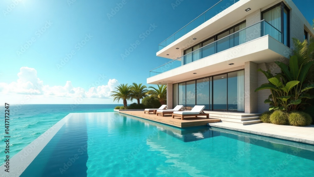 Fototapeta premium Inviting photo of a beautiful house with a pool set in a lush green landscape under a bright and vibrant sky