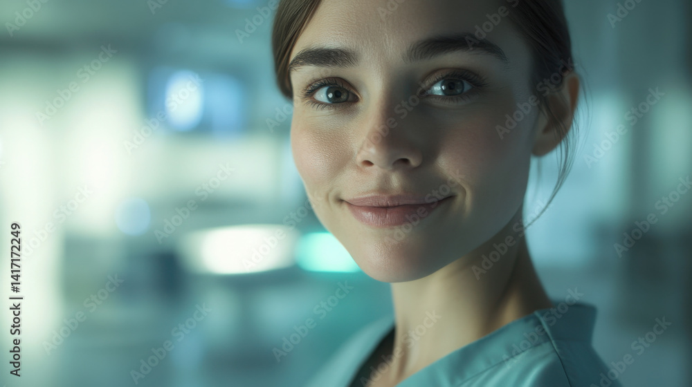 Fototapeta premium Realistic close-up of a female healthcare worker in a modern clinic, looking into the camera with a confident and friendly smile