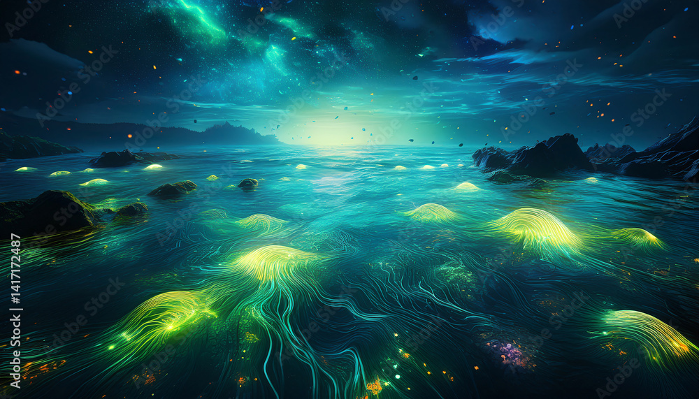 Fototapeta premium 003-063-121-An ocean infected by a glowing algae bloom. 34100