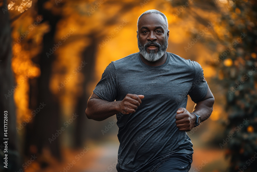 Obraz premium Man jogging in autumn outdoor park with determination and focus