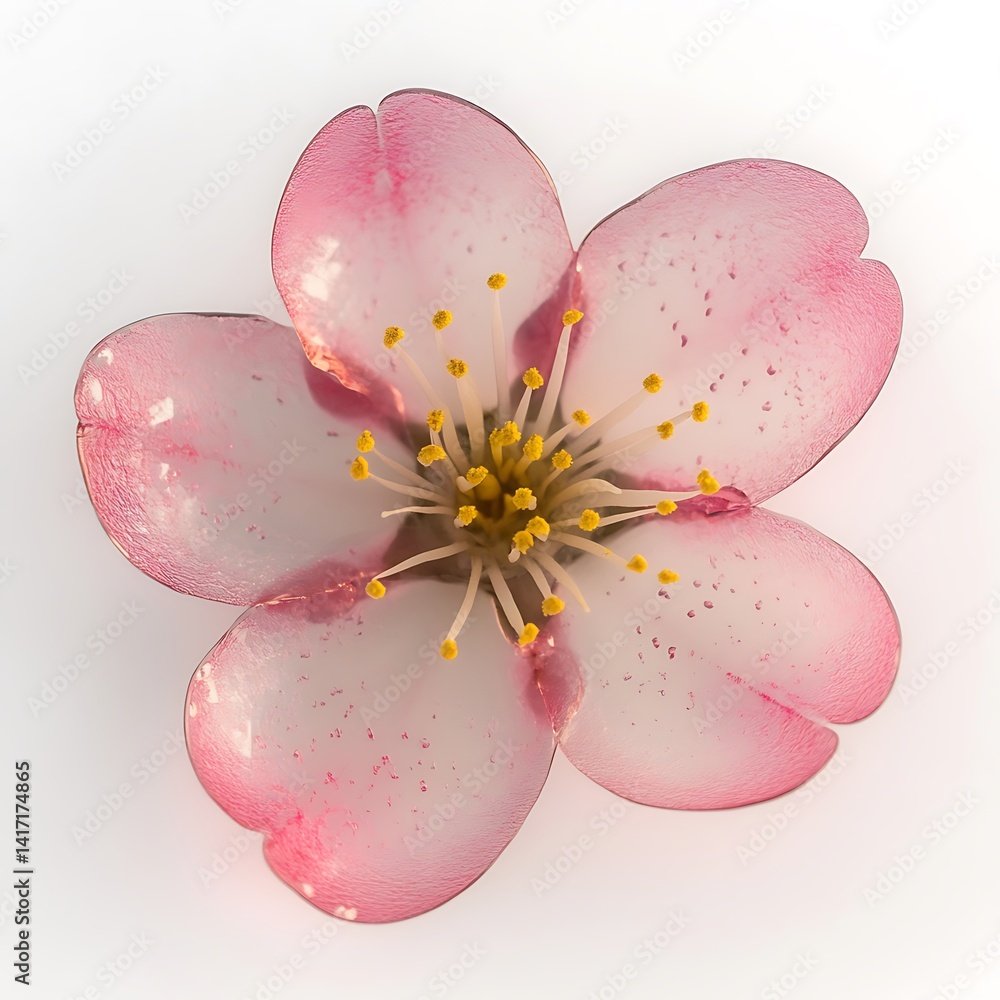 Fototapeta premium Close up view of a single pink flower blossom with yellow stamens against a white background. The petals are translucent, showcasing delicate pink veins and speckles